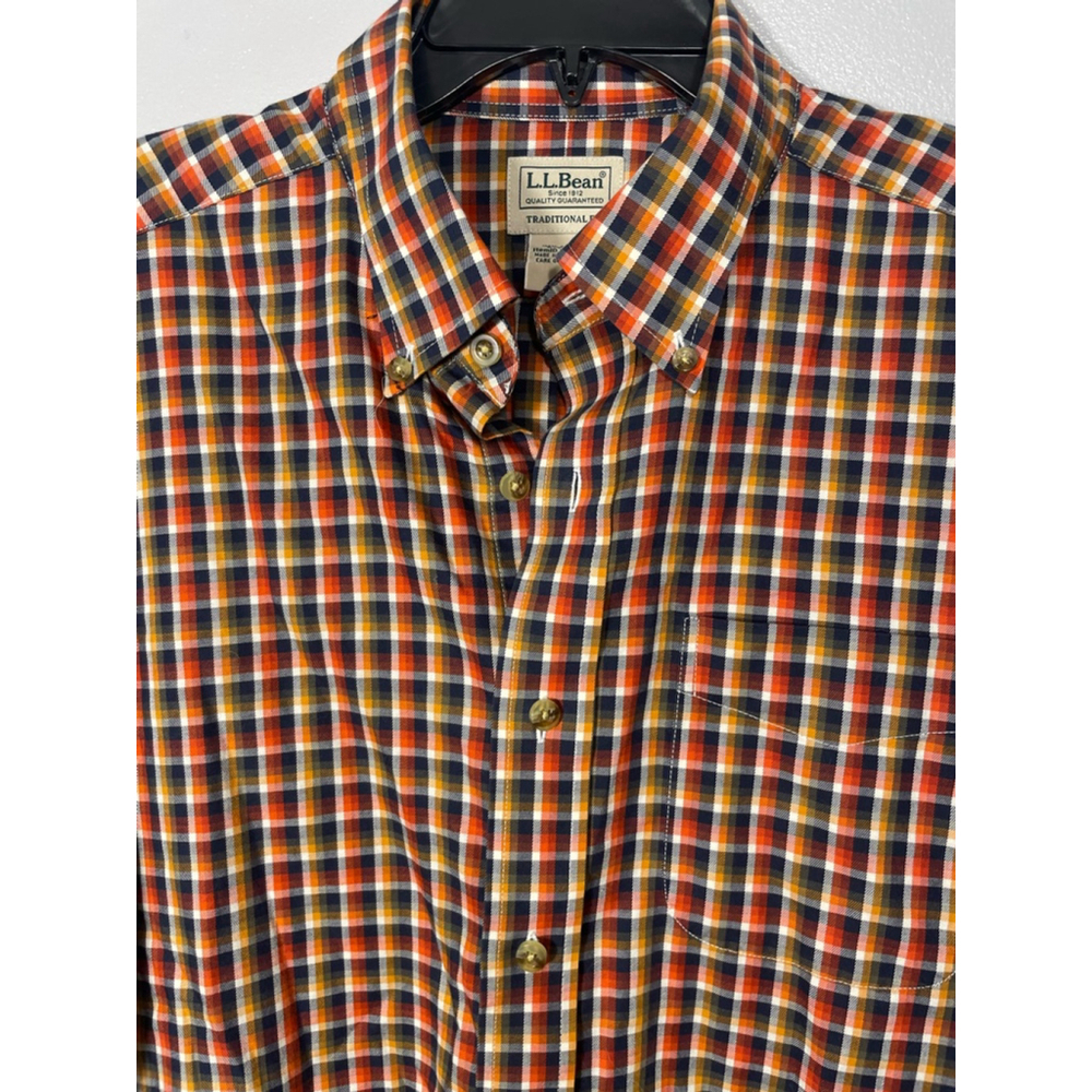 Men's L.L.Bean Plaid Button Down Shirt L Tall Orange Navy Short sleeve Cotton - Picture 3 of 8
